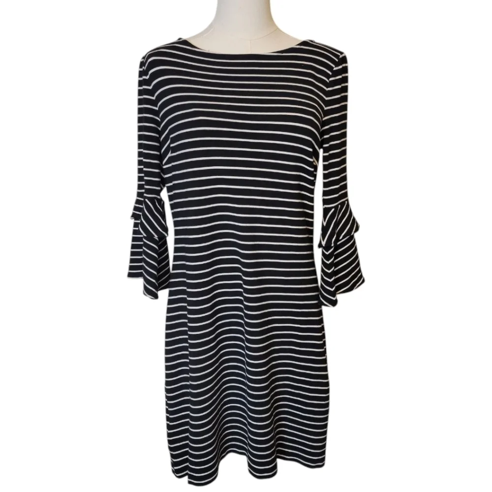 Ann Taylor Black Striped Fit & Flare‎ Dress Size 6